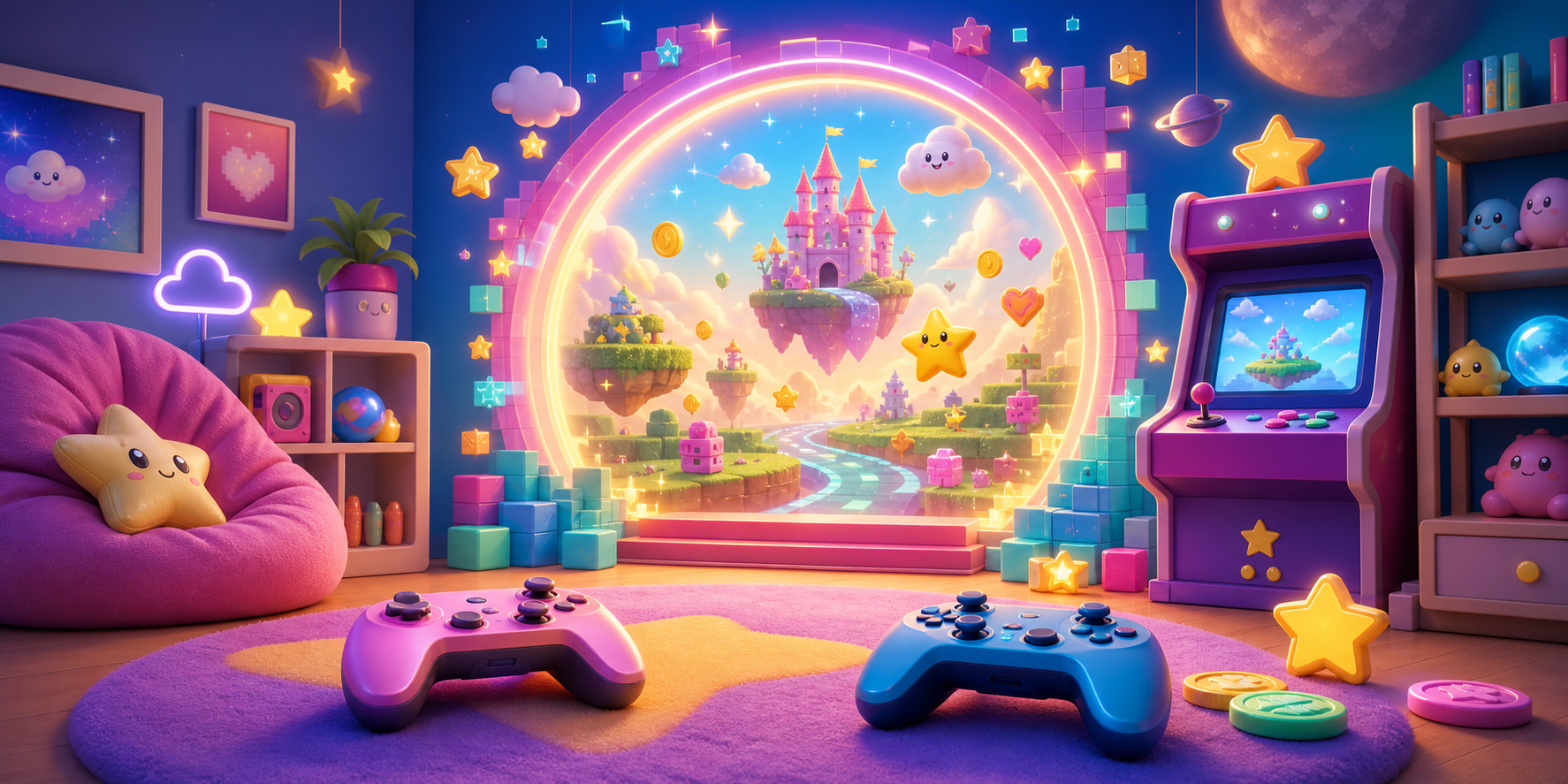 A colorful arcade world with glowing controllers, stars, and game tokens.